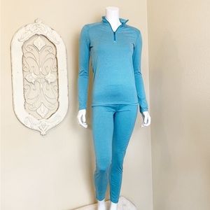 REI | Women's Blue and White Stripe Base Layer Pants & Quarter Zip Top | L